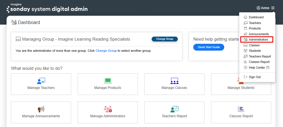 Administrators in Primary Admin's Profile drop-down menu.png